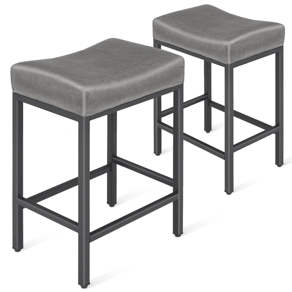 OSM 2-Pack 26.5 Inch Counter Height Bar Stools, PU Leather Saddle Stools with Metal Base & Footrest for Kitchen Island, Bar, Dining Room, Gray
