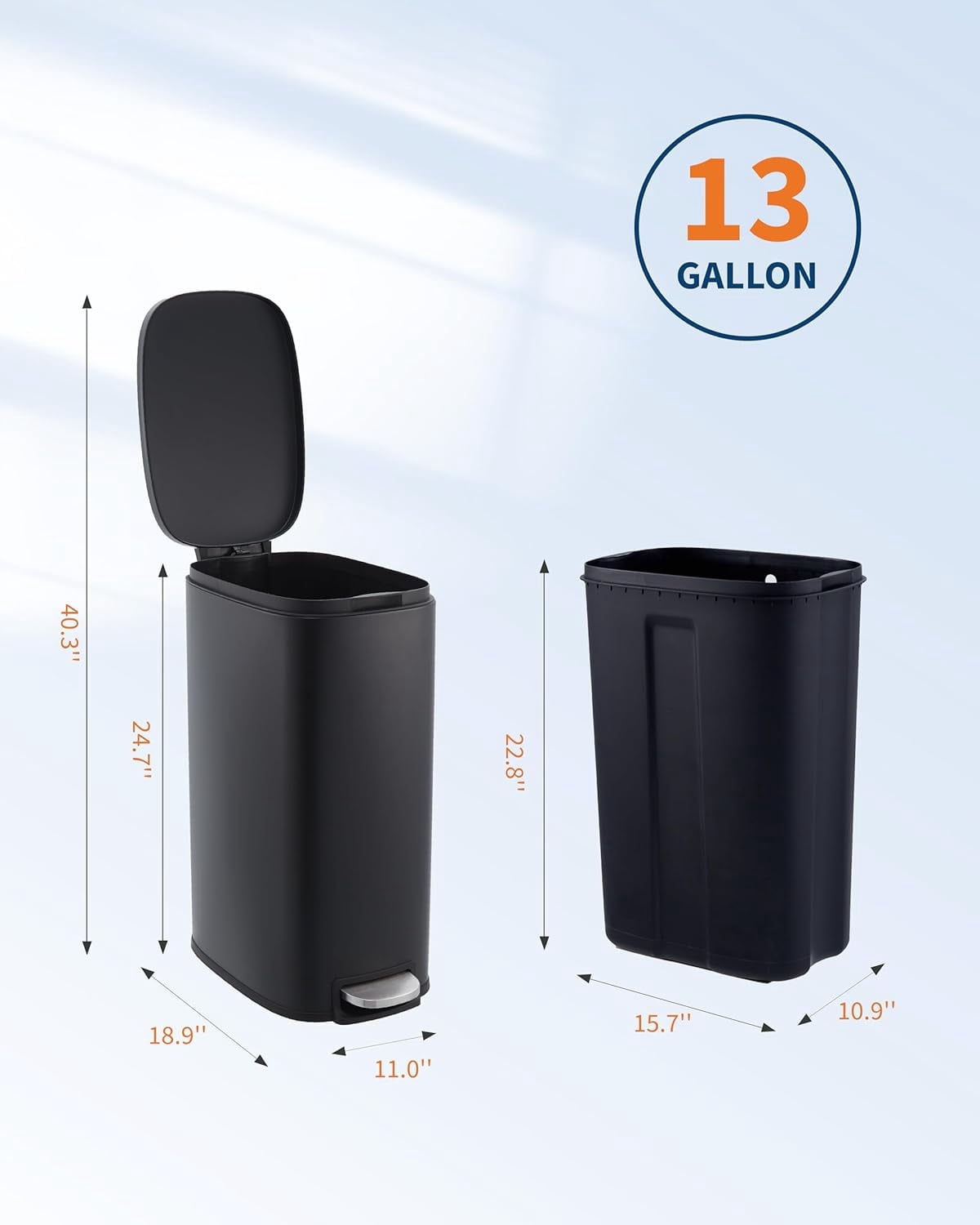 13 gal Slim Trash Can, Step Garbage Can with Soft-Close Lid, Stainless Steel Recycling Bin Waste Container with Removable Inner Bucket for Kitchen, Bathroom, Office (Black)