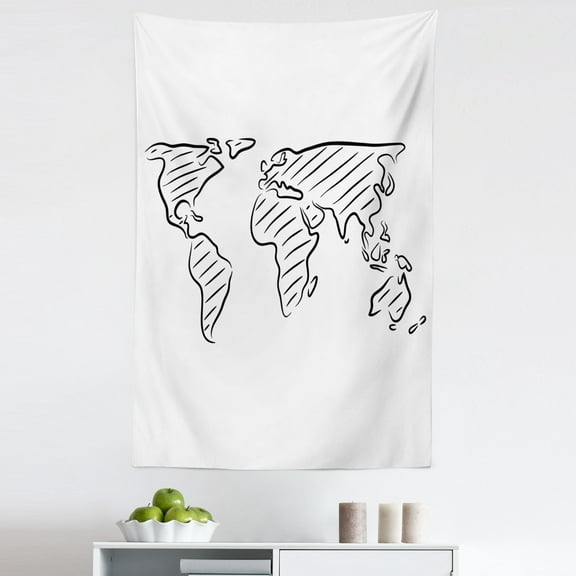 World Map Tapestry, Illustration of Outline Sketch of the World Map in Drawing Effect Art Print, Fabric Wall Hanging Decor for Bedroom Living Room Dorm, 5 Sizes, Black White, by Ambesonne