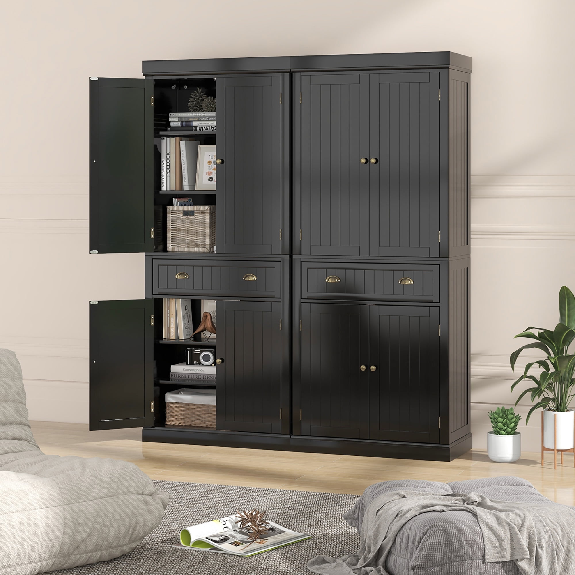 Gymax 72'' Kitchen Pantry Storage Cabinet Tall Freestanding Cupboard w/ 4 Doors Large Drawer Black