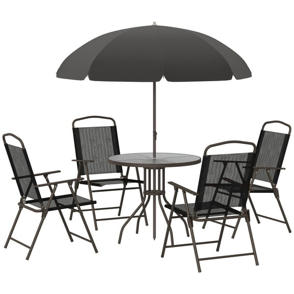 CoSoTower 6 Piece Patio Dining Set for 4 with Umbrella, Outdoor Table and Chairs with 4 Folding Dining Chairs & Round Glass Table for Garden, Backyard and Poolside, Black