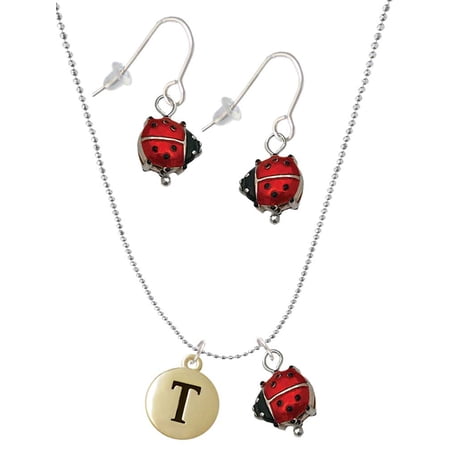 Delight Jewelry Goldtone Capital Letter – T – Pebble Disc – Red Lucky Ladybug Necklace and Dangle Earrings Set