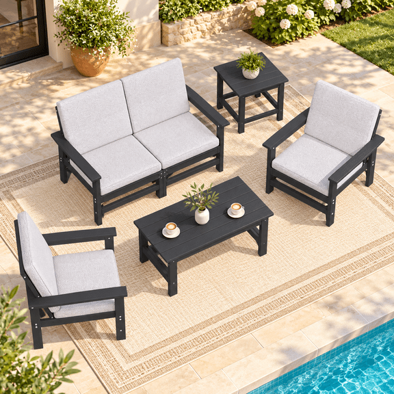 6-Piece HDPE Patio Furniture Set, All-Weather Outdoor Sectional Sofa, Coffee Table & Cushions, Gray