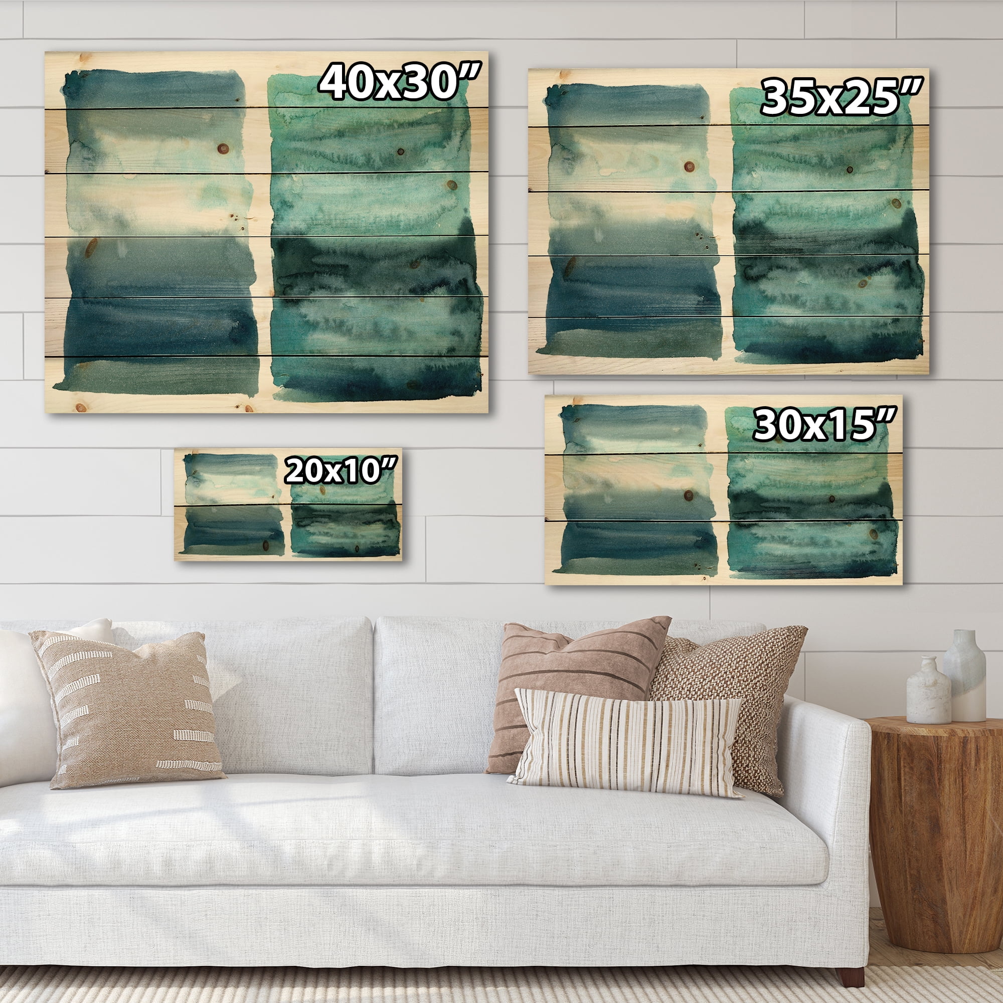 Designart 'Abstract Blue Ocean Aquatic Impression II' Modern Print on Natural Pine Wood