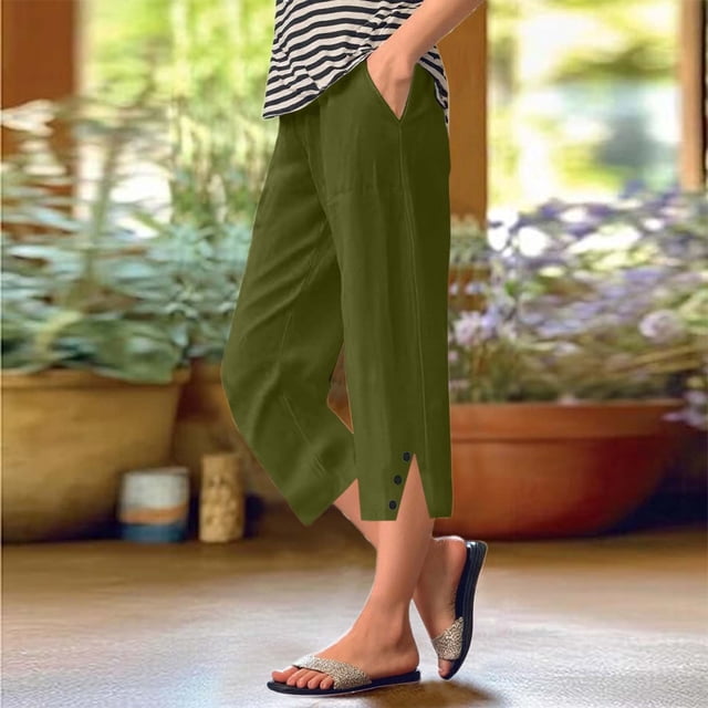 WILLBEST Pantalones Casuales elegantes para Mujer, Tallas Grandes, Holgados, de Lino a Rayas, Largos, para Comodidad y Moda Diaria. Mediana