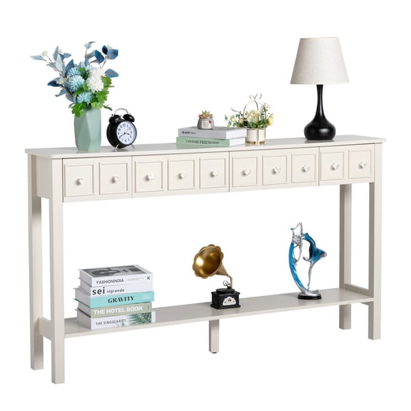 IVV 59.8" Long Console Table with 4 Drawers and Bottom Shelf, Modern Foyer Sofa Table Behind Couch for Living Room, White