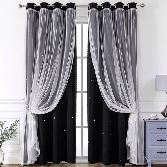 Jensvialia Double Layer Star Lace Blackout Curtains 2-in-1 Sheer Star Pattern with Blackout Liner Thermal Insulated Curtain Panel for Bedroom Living Room Nursery - 40x51 Inch Single Panel