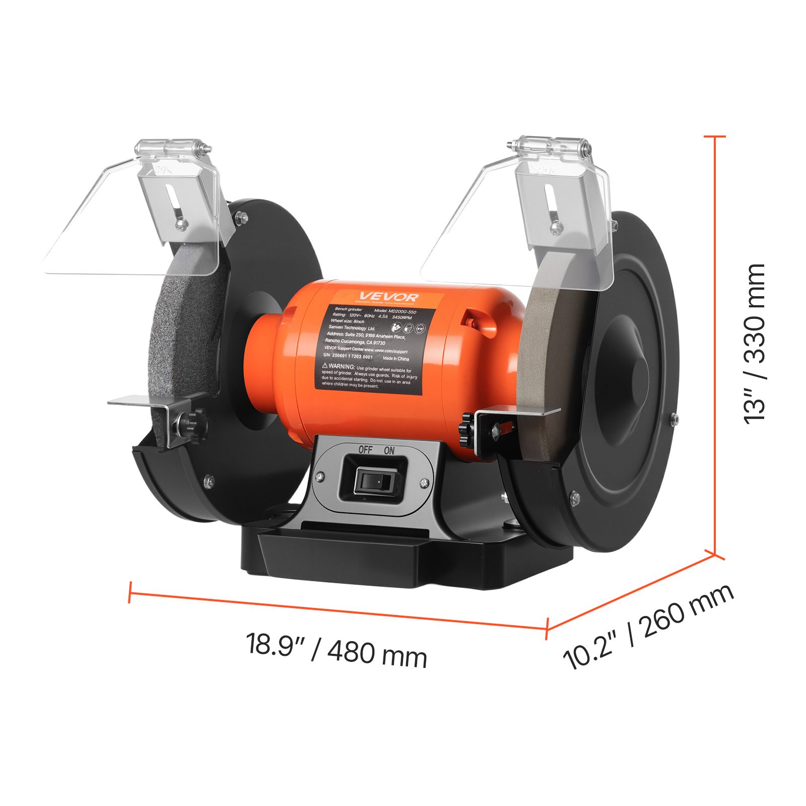 VEVOR Bench Grinder, 8-inch Single Speed Bench Grinder,3450RPM High-Speed Table Grinders with 550W 4.5A Induction Motor,36/60-Grit Grinding Wheel & Adjustable Eye Shield for Fast Sharpening Grinding