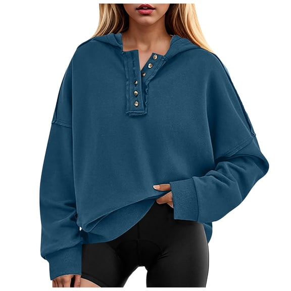 Womens Blouses Plus Size Fall Winter Relaxed Fit Hooded Long-sleeved Blouson Off the Shoulder Drawstring Solid Color Leisure Polyester Sweatshirts Hoodies(Navy,M)