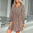 thumbnail image 3 of Vestido casual naranja con mangas abullonadas y escote en V, talla S, con estampado floral, 3 of 6