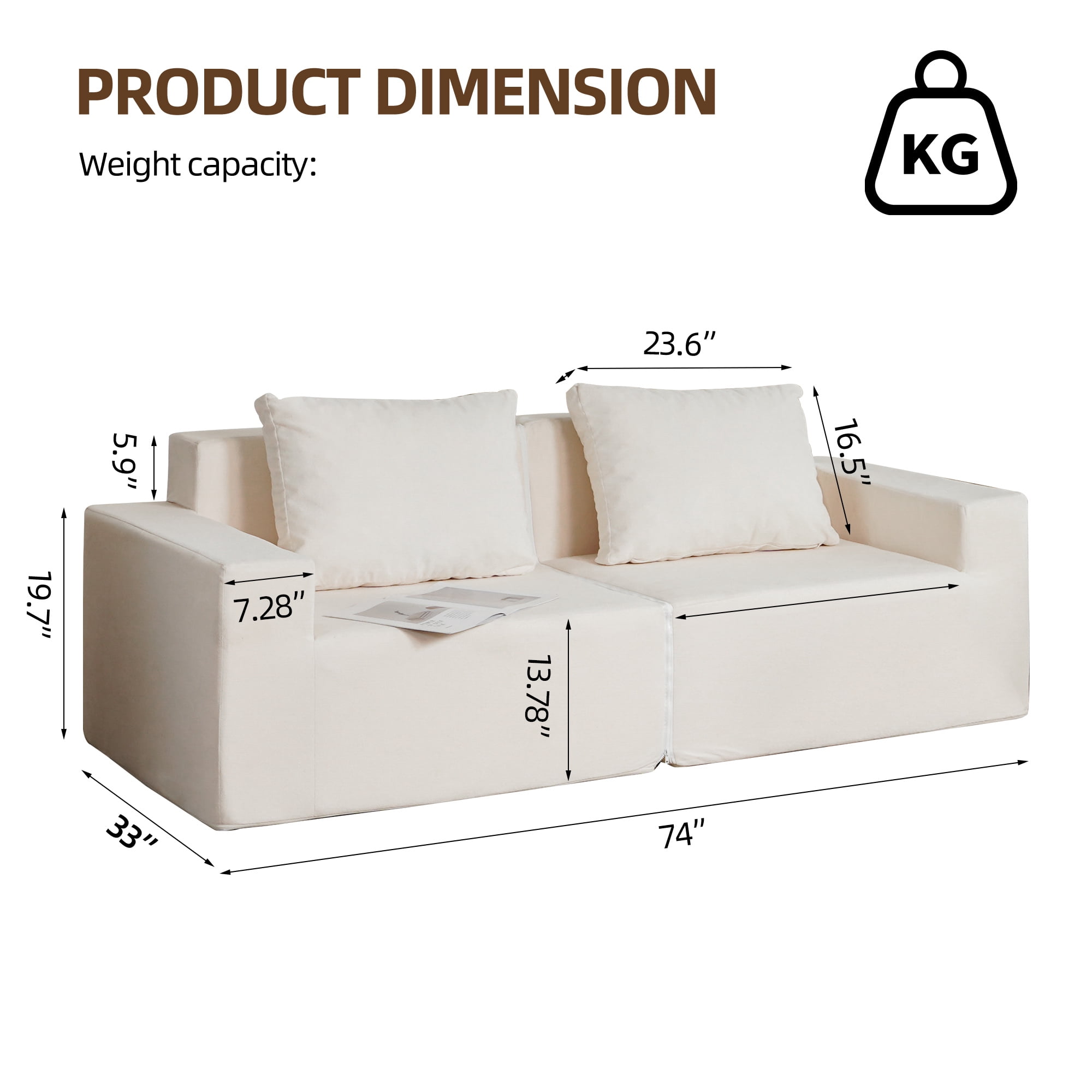 Aukfa 74" Sponge Loveseat Sofa, 2pcs Modular Sofa Chair with 2 Pillows, Assemble Free, White