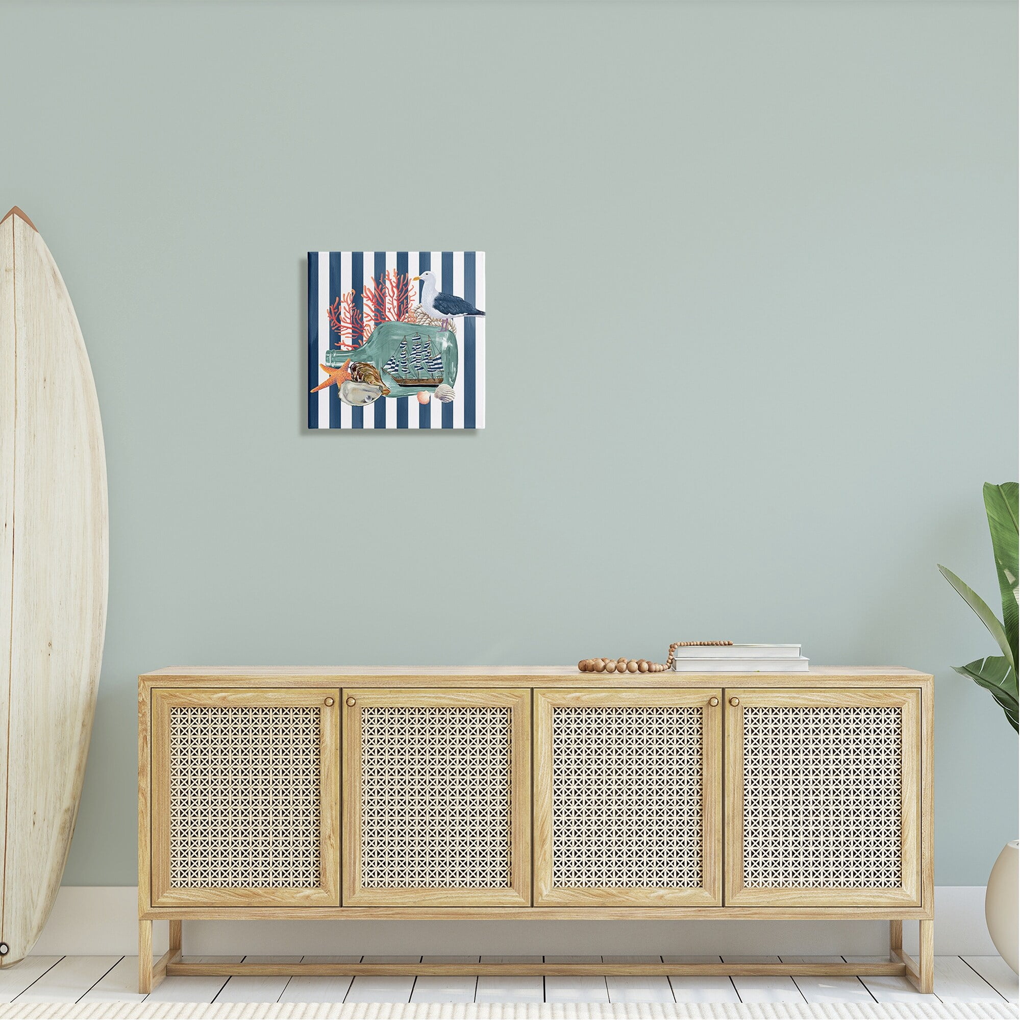 Stupell Industries Ship In Bottle Perched Seagull Marine Life Stripes Graphic Art Gallery Wrapped Canvas Print Wall Art, Design by Raquel Maciel