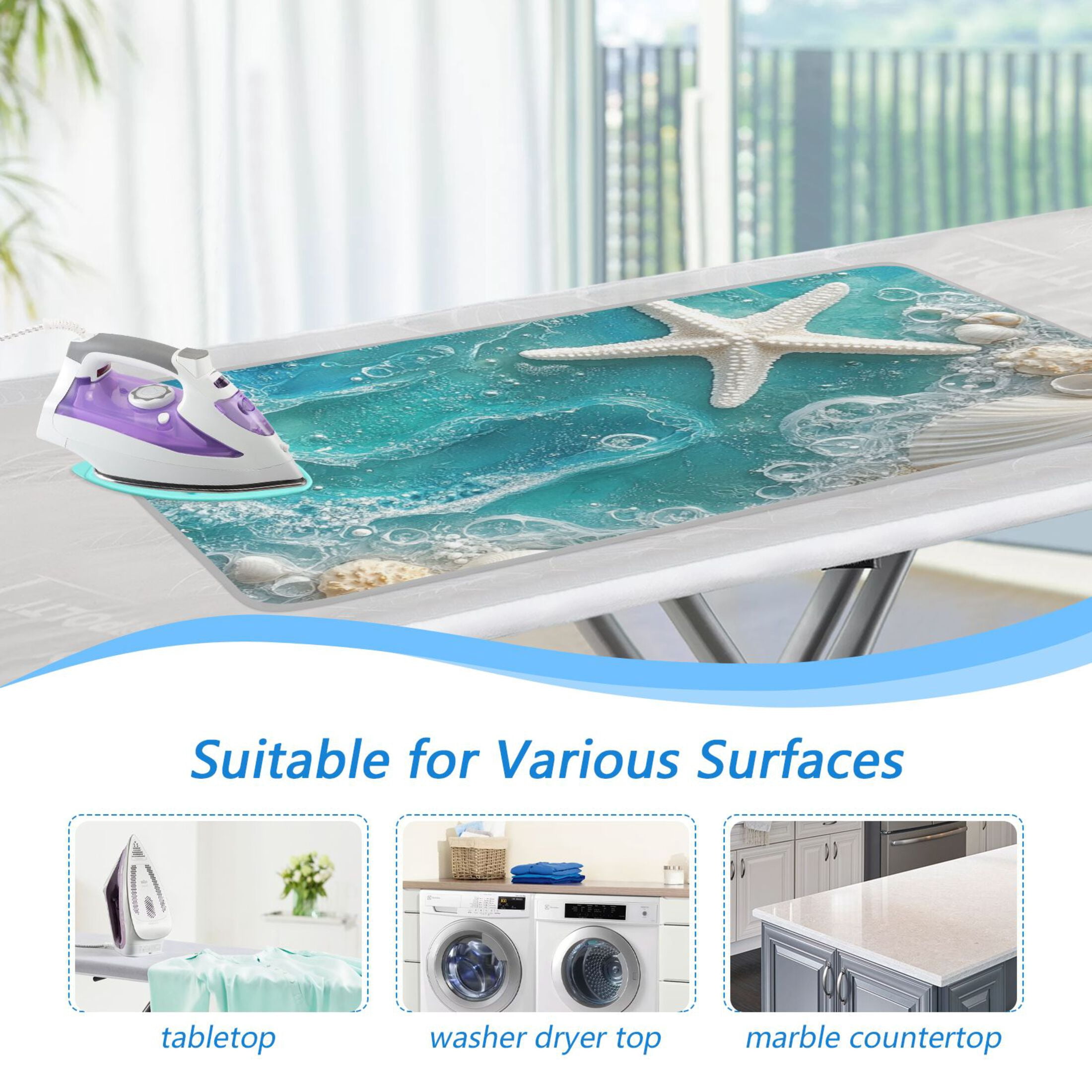 Shells Starfish on Beach Sea Wave Ironing Mat Blanket Portable Travel Ironing Pad Heat Resistant Pad 47.2" x 27.6”