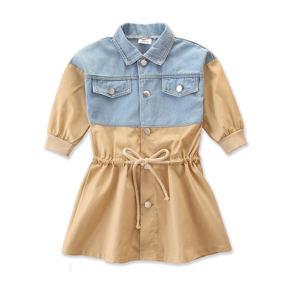 LYMAYTER Little Girls Denim Dresses for Kids Baby Long Sleeve Casual Dress Toddler Drawstring Tie Waist Sundress for 1-6 Year