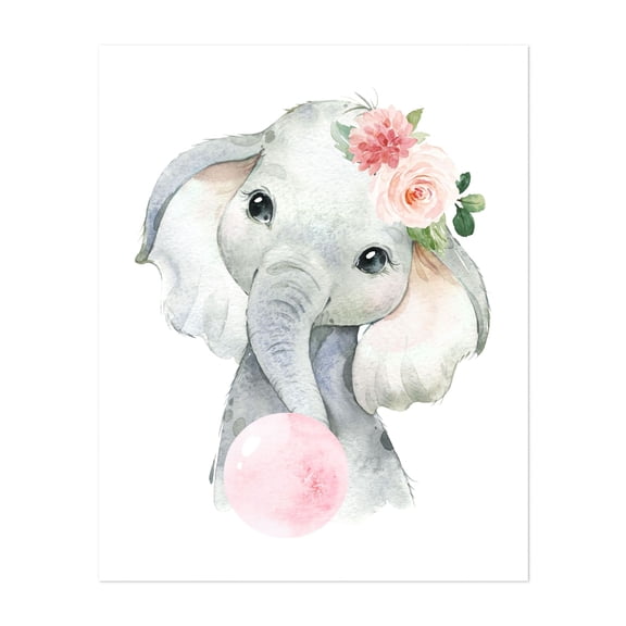 Elephant, Jungle Animals, Safari Animals, Bubble Gum, Pink Flowers, Girl Nursery - Illustration Watercolor Whimsical Animal Floral Unframed Wall Art Print 6 x 8 inches
