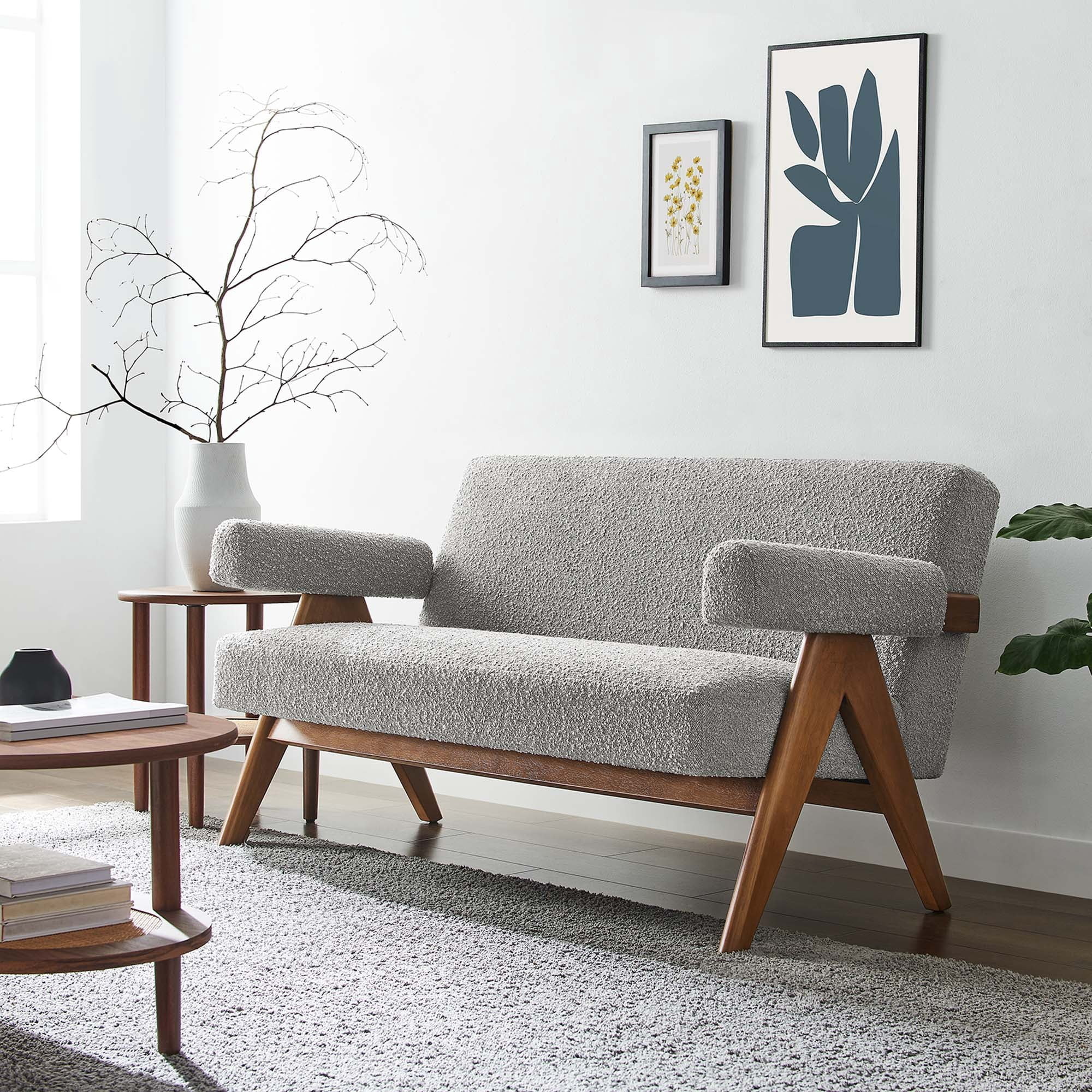 Modway Lyra Upholstered Modern Boucle Fabric Loveseat in Light Gray