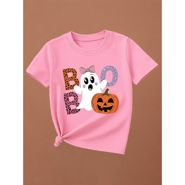 T-shirt d'Halloween - Imprimé Fantôme et Citrouille Mignon, Col Rond Respirant Manches Courtes, Coupe Régulière Légère pour Printemps/été Tenue Décontractée, Chemises d'Halloween pour Filles, Design Ludique g