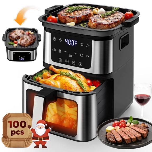 7.5Qt Multifunction Air Fryer w/ Digital LED Touch Screen, Steak Searing, 8 Preset Cookings, 95% Less Oil, Nonstick Dishwasher-Safe Basket, Includes 100 Liners