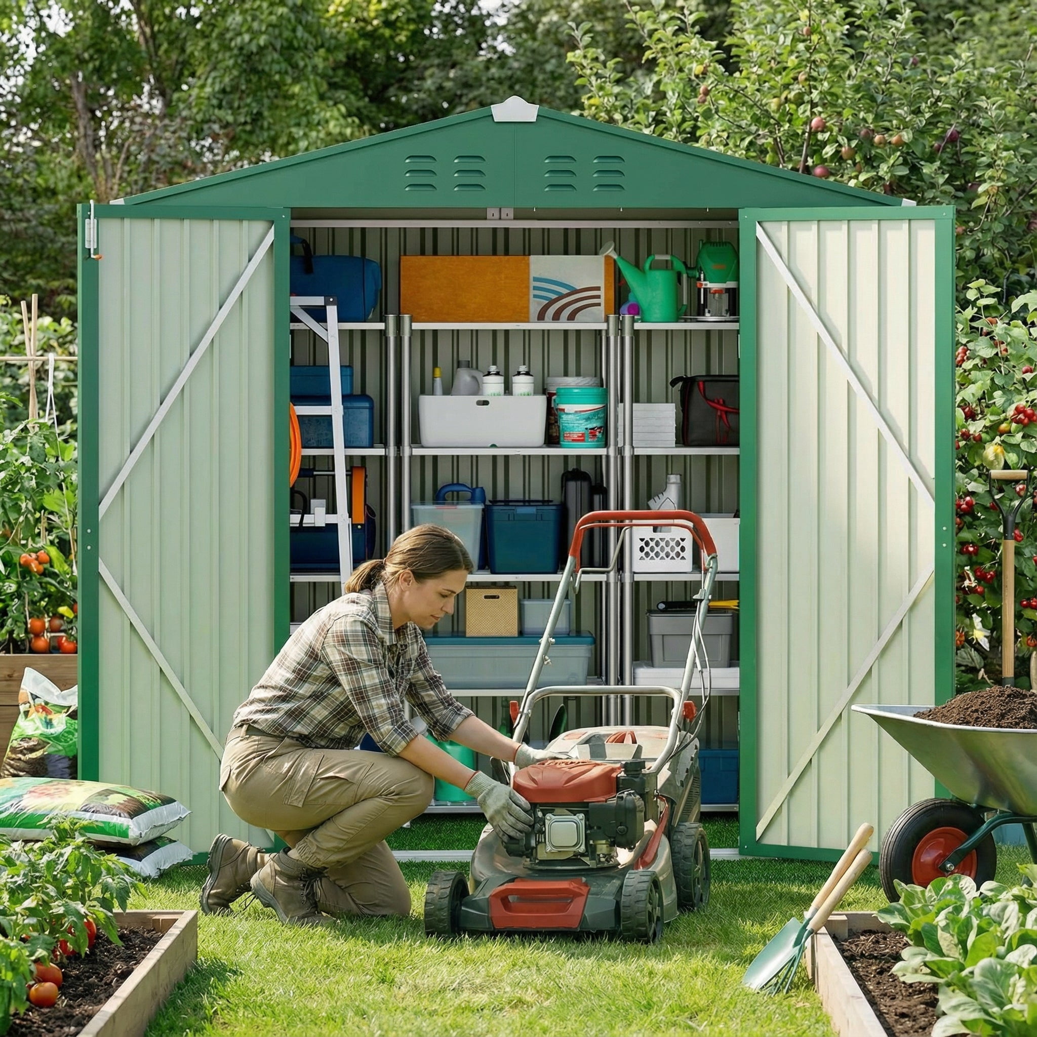 6' x 4' Outdoor Storage Shed, Weather-Resistant Iron Garden Shed with Lockable Double Doors for Backyard/Patio/Lawn, Green