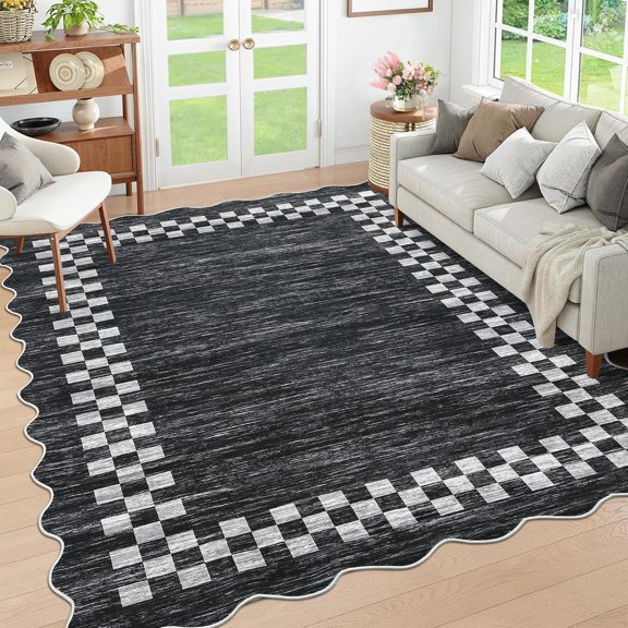 5x7 Washable Scalloped Area Rug, Soft Low Pile Non Slip Indoor Carpet, Stain Resistant Modern Border Accent Rug for Living Room Bedroom Dining Room Home Office,Dark gray