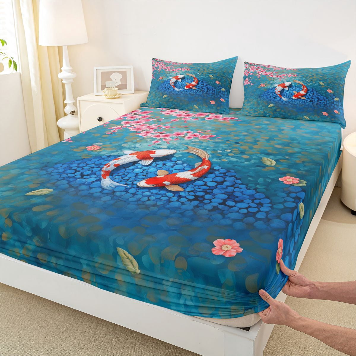 Manfei Oil Painting Koi Fish Queen Sheet Sets for Girls, Sakura Pond Bed Set, Blue Pink 4pcs, 1 Flat Sheet, 1 Fitted Sheet and 2 Pillowcases