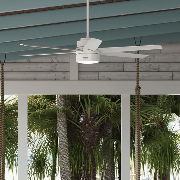 Hunter 72 inch Outdoor or Indoor Ceiling Fan with LED Light - White Ceiling Fan with Wall Control, For Patio, Garage, or Porch, Quiet, Standard Mount, 6 Blades - Solaria 51477, Fresh White