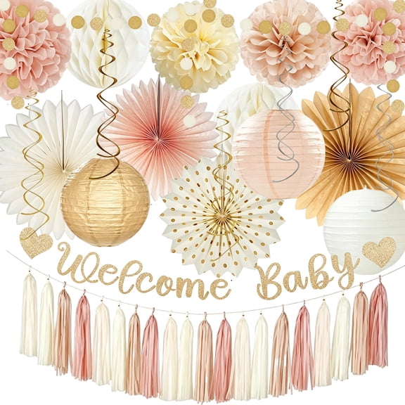 Gold Boho Neutral Baby Shower Decorations Set, Welcome Baby Banner, Paper Lanterns, Tassel Garland, Honeycomb Balls, Paper Flowers, Paper Fans, Hanging Swirls, Beige Peach Party Backdrop Decor