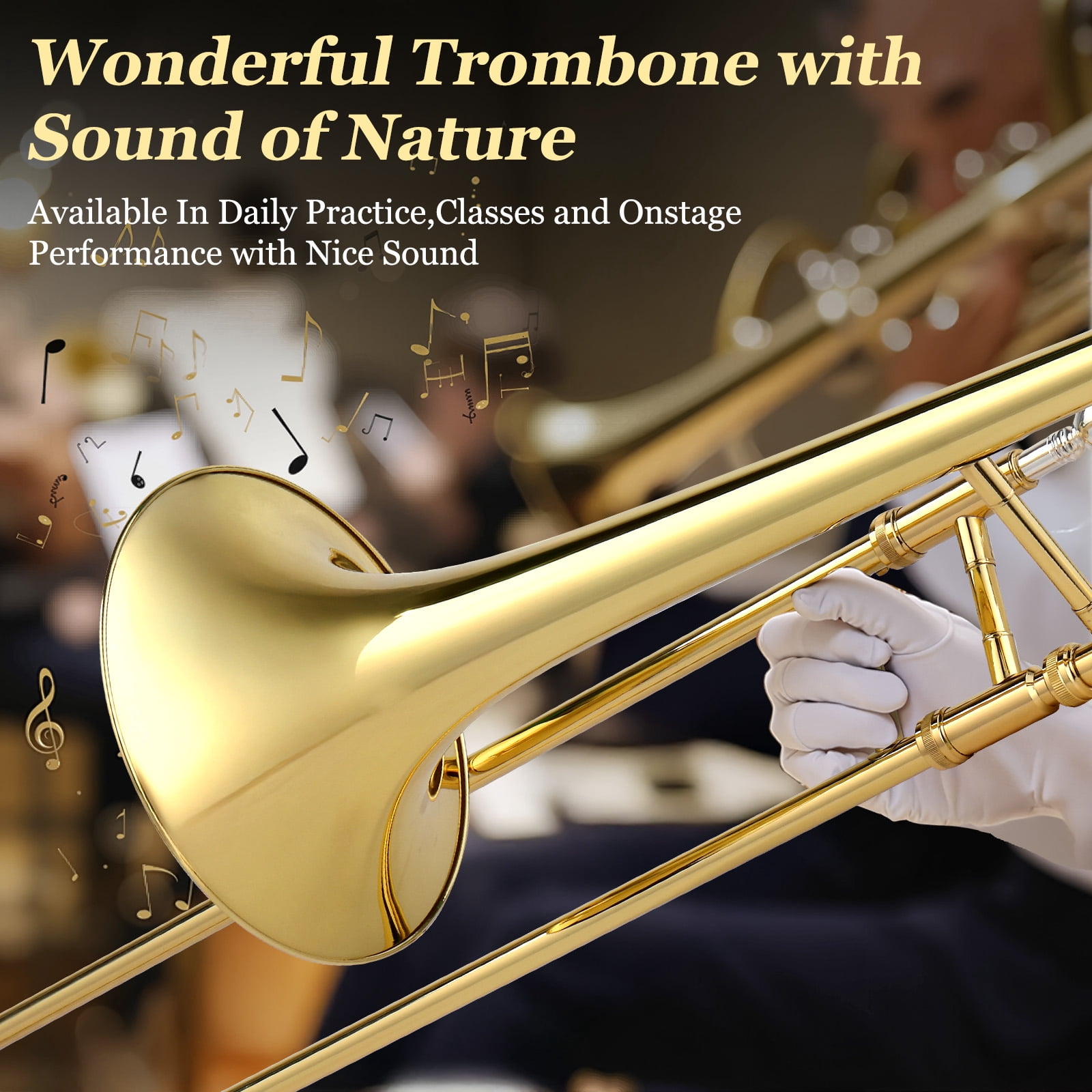 Ktaxon Bb Tenor Slide Trombone for Beginners Students, B Flat Brass Plated Trombone Instrument with Mouthpiece, White Gloves, Golden