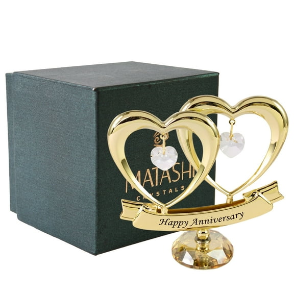 Matashi 24K Gold Plated Double Heart Table Top Ornament with Clear Crystals For Valentine’s Day for Wife or Her ,Happy Anniversary Gift,  ,Crystal Base