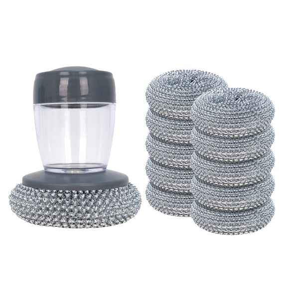 Soap Dispensing Palm Brush, Kitchen Brush for Dish Cleaning, 1 10 Brush Head Pack, Gray