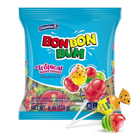 Colombina Bon Bon Bum Tropical Fruit Lollipops - Strawberry, Passion Fruit, Watermelon, Sour Exotic Fruit - Individually Wrapped Candy Suckers, 6 Oz (10 Count) - 1 Pack