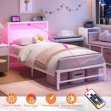 Yoneston Twin Metal Platform Bed Frame with LED Light and USB Port Charging Station Storage Headboard for Kids Boys Girls Adults, White