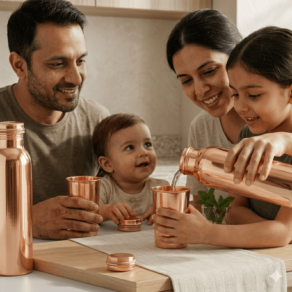 Nirmal Ganga 1 Litre Pure Copper Water Bottle – Joint-Free, Leak-Proof Design with Cleaning Kit Included. pack of 6