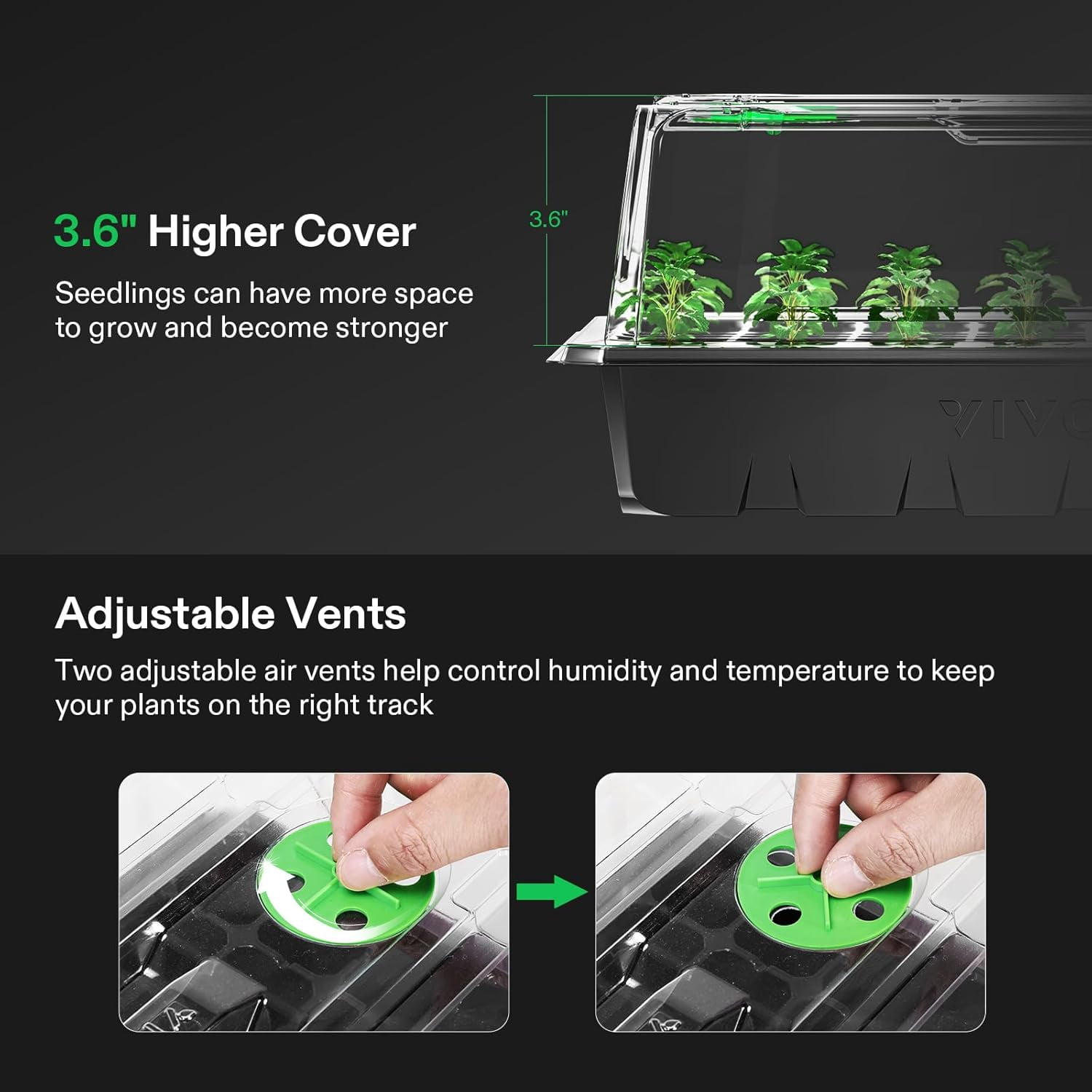 VIVOSUN 6-Pack Seed Starter Trays, 240-Cell Seed Starter Kit with 2 Set of LED Lights, 3.6" Higher Cover, Adjustable Vents,Green Propagation Tray for Planting Seed, 40 Cells x 6 Pack