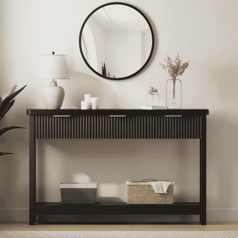 Aufeile 51" Console Table with Fluted Design and Drawers, Black photo 1