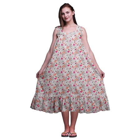 Bimba Light Grey Floral Pecan Leaves & Sleeveless Night Gown For Women s Cotton Printed Nightwear Ladies Sleepwear Medium