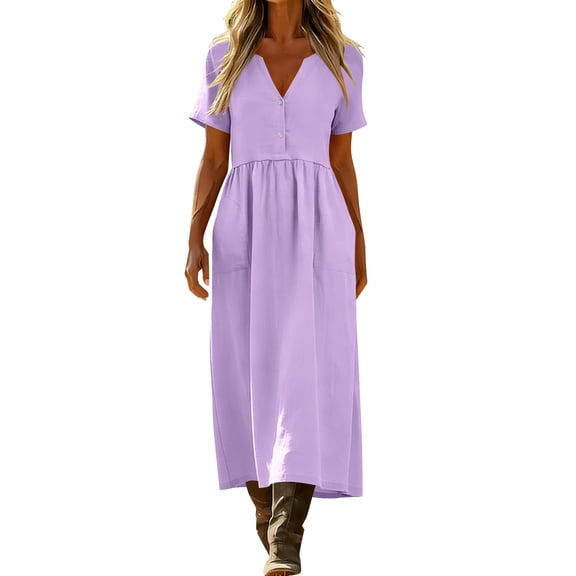 aohooy Women Cotton Linen Dress Short Sleeve V Neck Empire Waist Maxi Sundress Boho Vacation Flowy A Line Sundress with Pockets Purple,XL