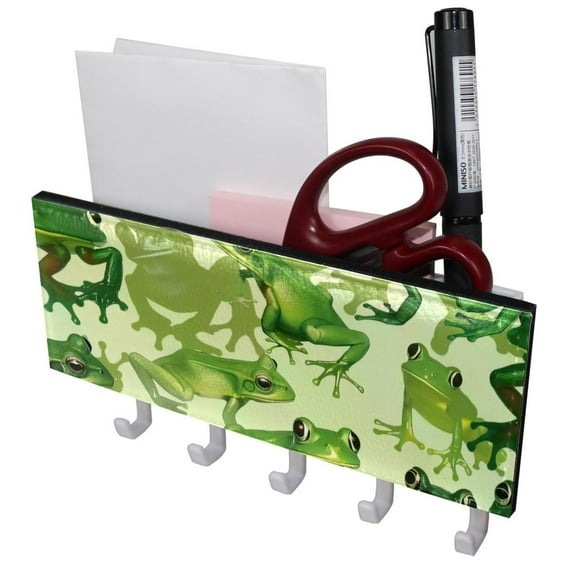 PhooArto Key Holder for Wall Decorative with 5 Key Hooks, Green Froggy Pattern Holders Wall Mount Organizer with Mail Key Rack, Self Adhesive