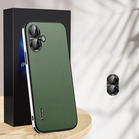 Compatible with iPhone 16 Case, with Camera Lens Protector, Luxury Vegan PU Leather Back Slim Thin Matte Business Phone Case Cover for Men and Women for iPhone 16, Green