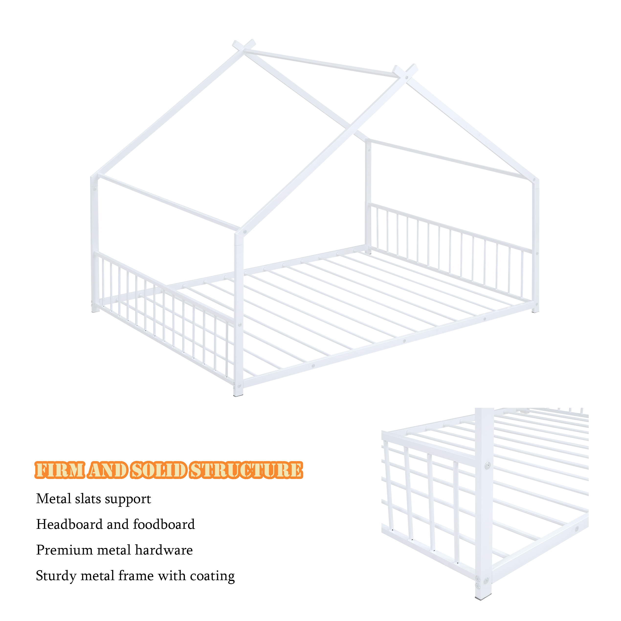Bellemave Full Size Metal House Bed with Headboard and Footboard Montessori House Bed, Metal Floor Bed with Roof, No Box Spring Needed, White