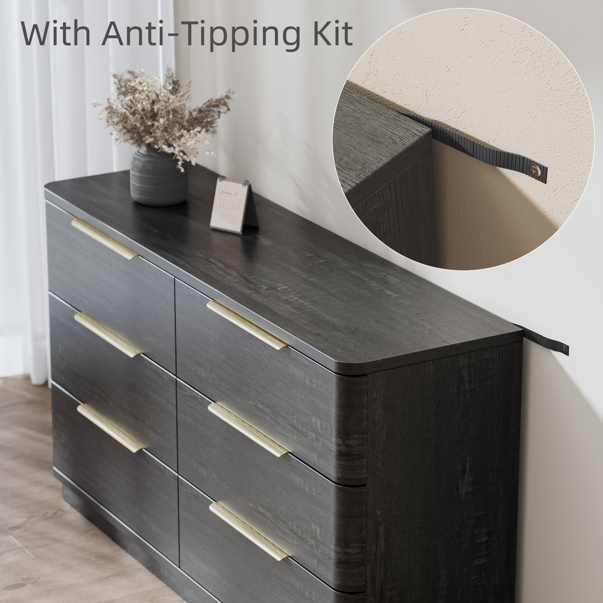 54" Wide Wood Dresser with 6 Drawers, Chest of Drawers for Bedroom, Hallway, Living Room, Wooden Dresser TV Stand, Black
