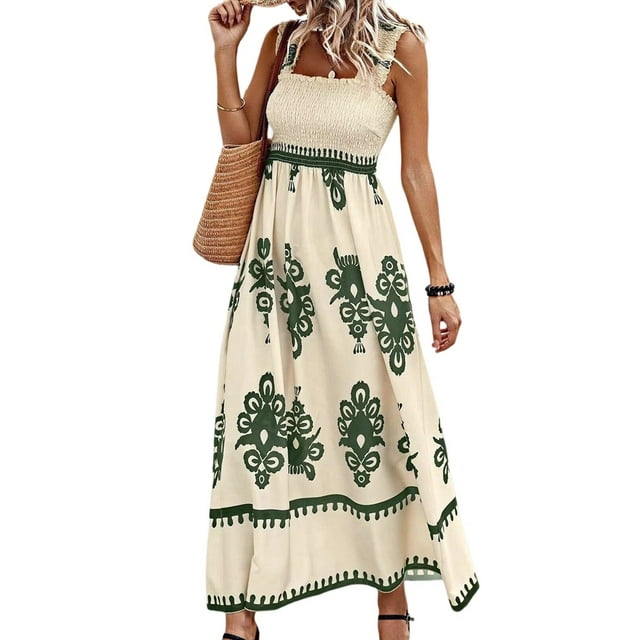 Robe Maxi Boho à Encolure Carrée pour Femmes, Décontractée, Longue, Printemps Été, Robes d'Été, Plage, Vacances, Blanc & Vert, TTG