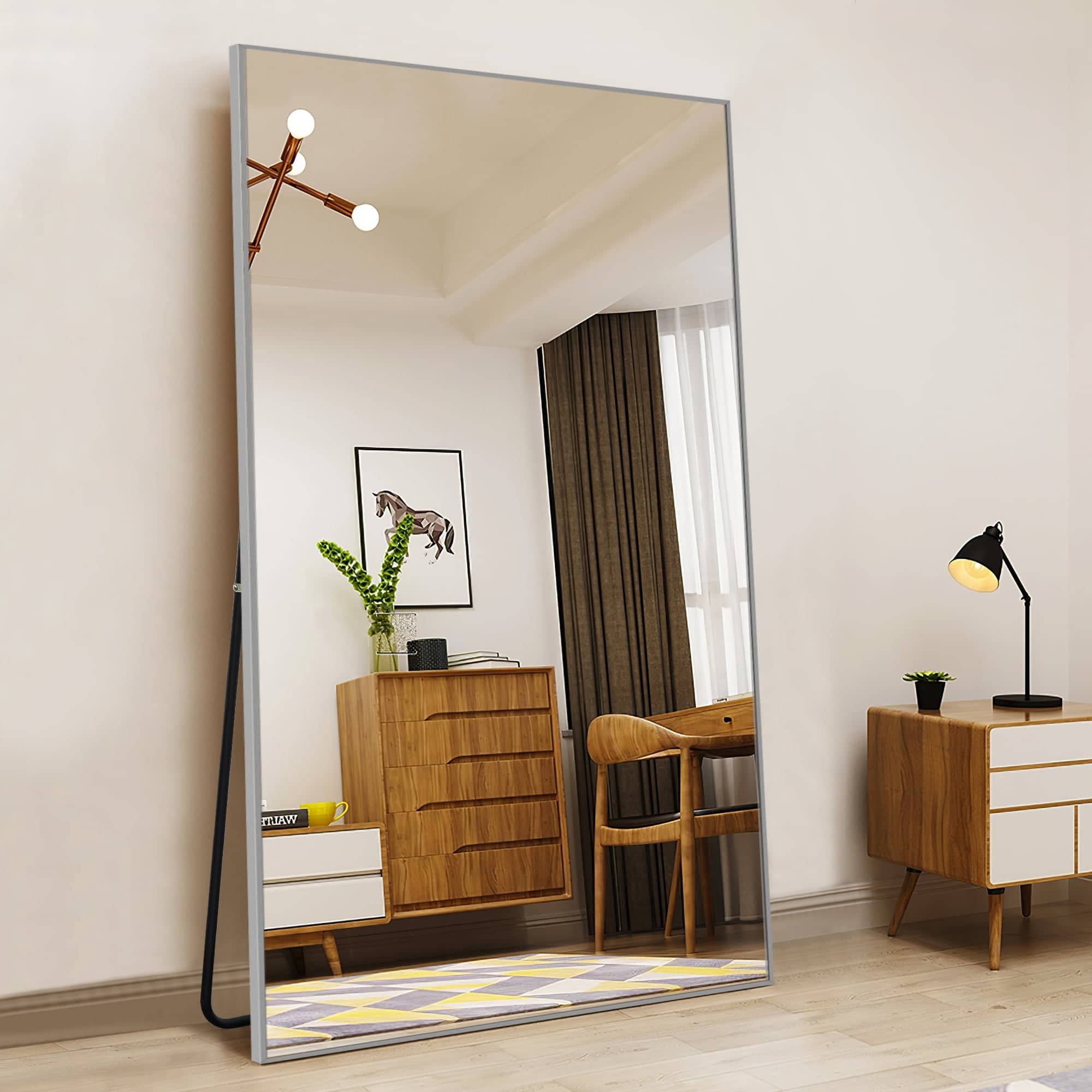 MAYEERTY 71"x31"x1" Aluminum Mid-Century Edged Rectangular Full-length Mirror with Bracket for Bathroom, Silver