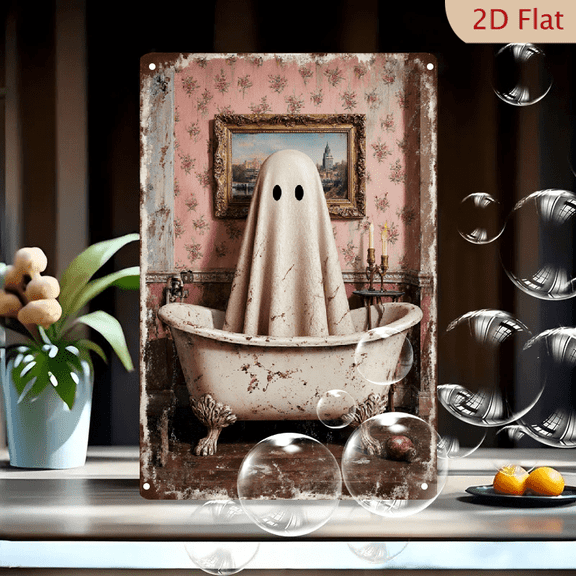 Vintage Halloween Bathroom Ghost Art 8x12 Inches Metal Wall Decor, Spooky Clawfoot Tub with Sheet Ghost, Pink Floral Wallpaper & Red Apple, Rustic Distressed Frame for Home Party