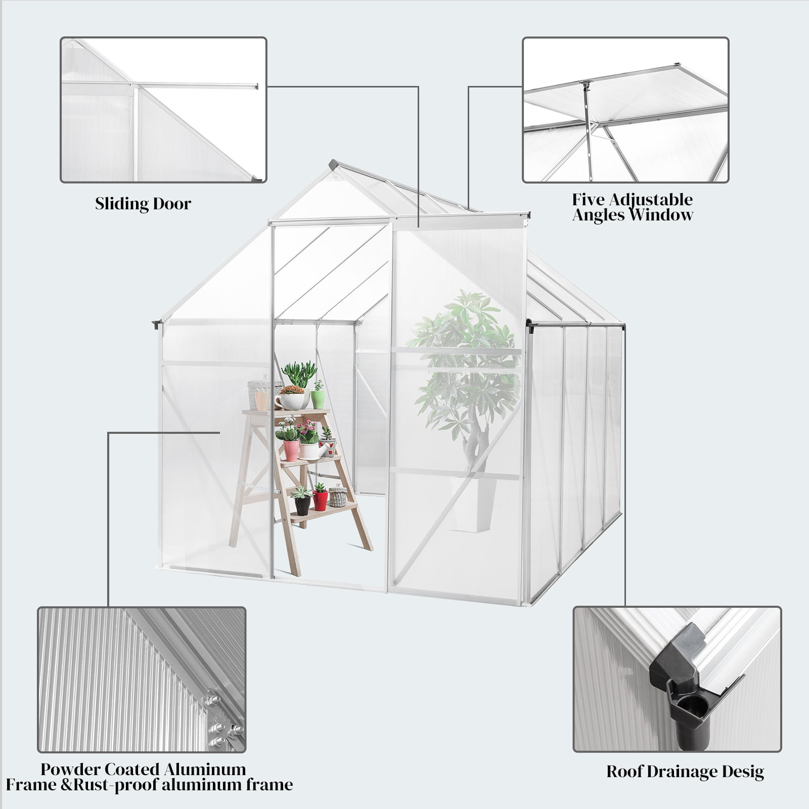UBesGoo Greenhouse 6x8ft Hybrid Polycarbonate for Garden Silver