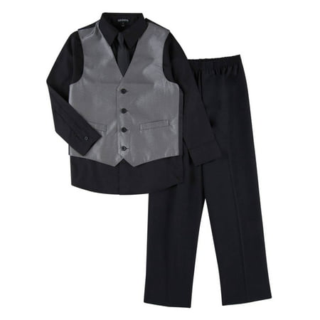 Boys 4 Piece Suit Silver & Black Pin Stripe Dress Up Holiday Outfit Vest & Tie