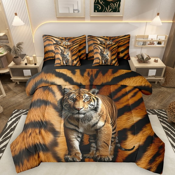Manfei Teens 3D Tiger 7-Piece Twin Bedding Sets, Jungle Wildlife Animal Bedding Comforter Set, Orange Black Abstract Reversible Sheet Sets, Microfiber Bedroom Decor