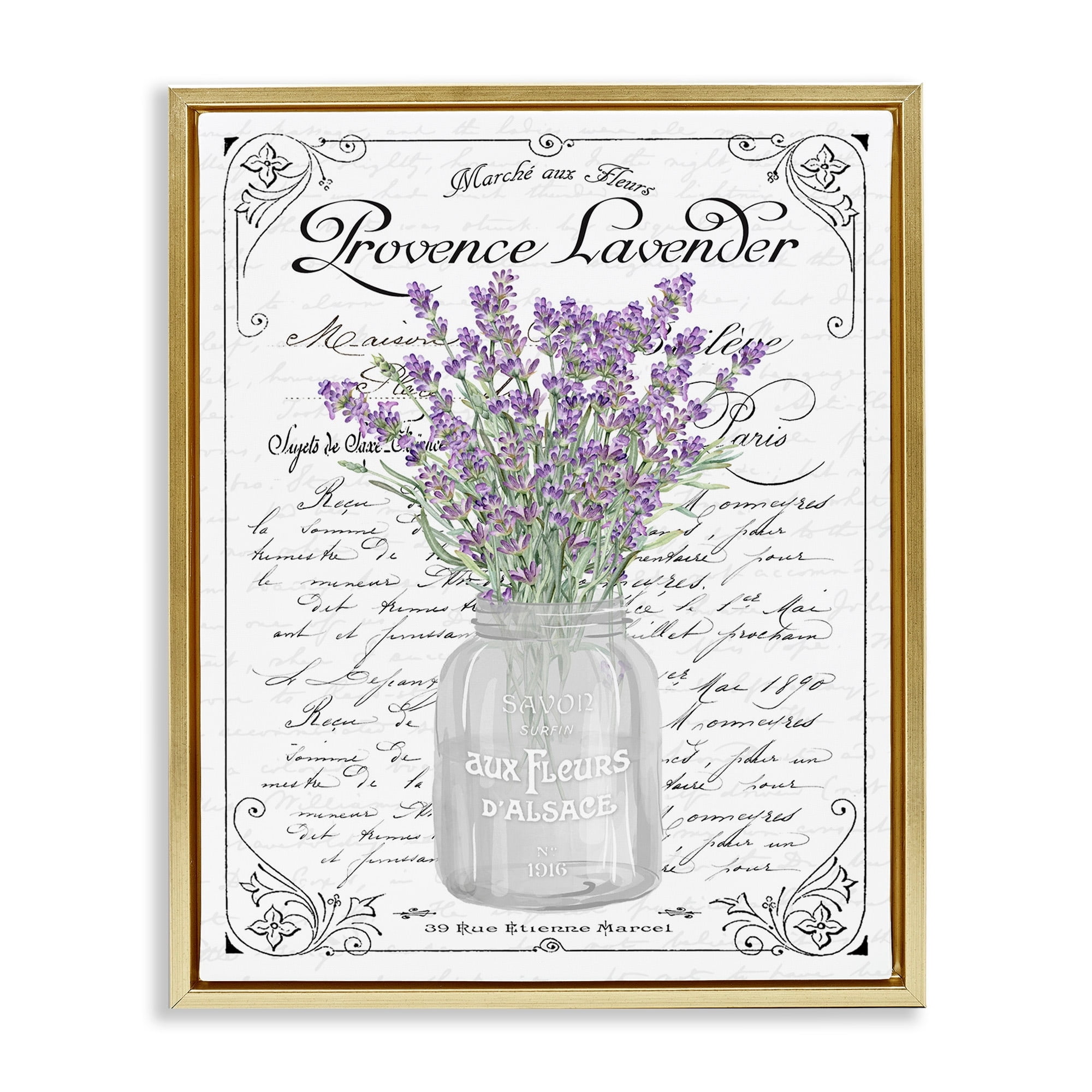 Stupell Industries Lavender Sprigs Bouquet Ornate French Script Motif Graphic Art Metallic Gold Floating Framed Canvas Print Wall Art, Design by Lettered and Lined