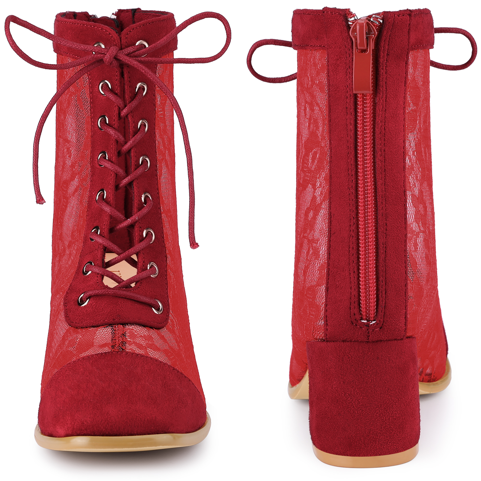 DARING DIVA Square Toe Flowers Lace Block Heels Ankle Boots Red 8