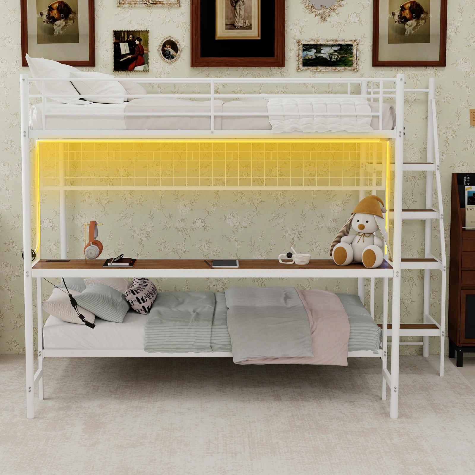 Alvantor Full over Twin Bunk Bed with Desk & LED Lighting, Metal Bunk Bed Frame for Kids/Teens, No Box Spring Needed White